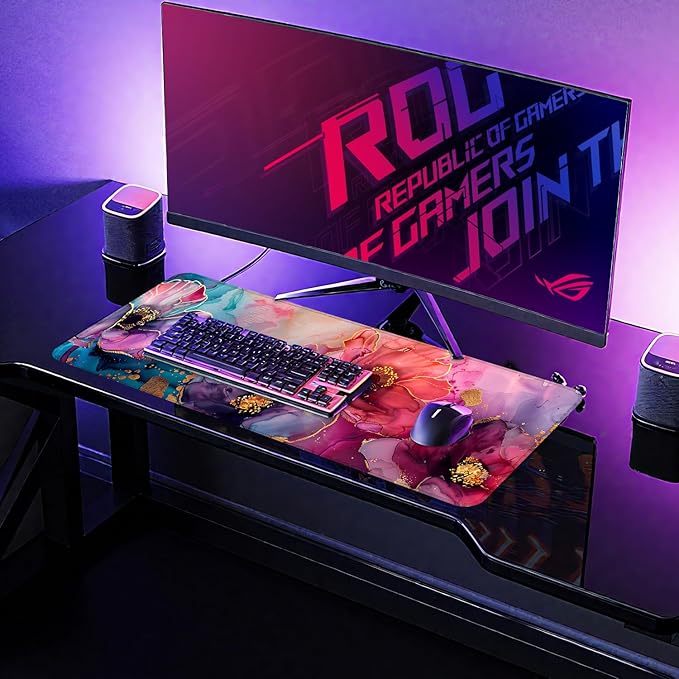 Floral Mouse Pad XXL – Large Desk Mat with Abstract Alcohol Ink Flowers in Pink, Purple & Teal, Extended Mousepad with Non-Slip Base for Office, Workstation, Gifts,31.5 x 11.8 in