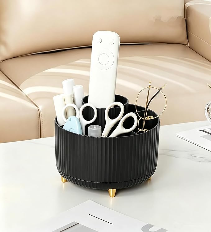 Pencil Pen Holder 5 Slots 360°Degree Rotating Pen Organizers for Desk Desktop Storage Stationery Supplies Cute Pencil Cup Pot Kids Desk Organizer for Office Home School（Black）