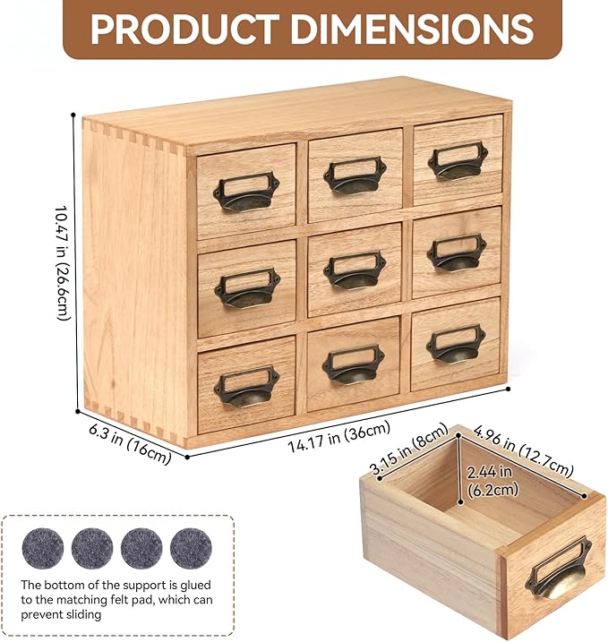 KIRIGEN Wooden Desk Storage Cabinet with 9 Mini Drawers, Wood Desktop Organizer with Metal Label Handles for Office Supplies, Crafts, Tea Bags, Makeup, Natural 9CG-NA