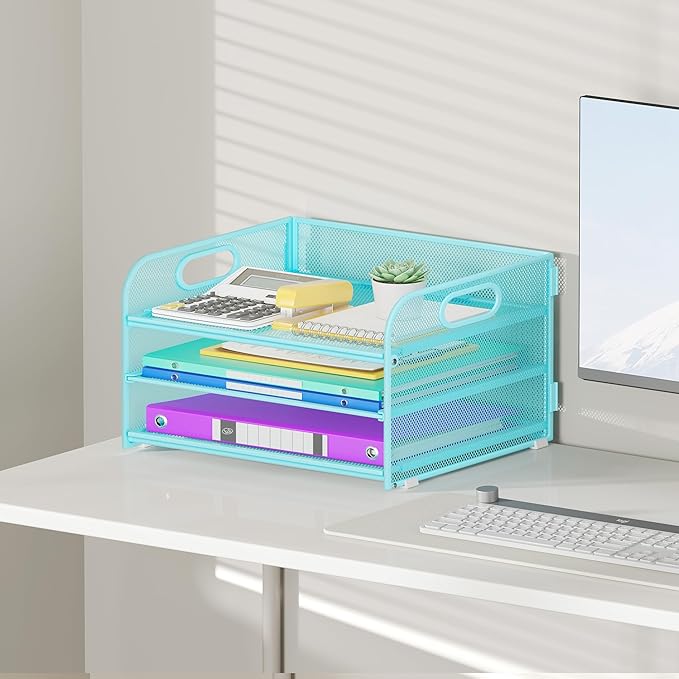 Cawukege 2 Pack 3 Tier Paper Organizer with Handle, Metal Desk Organizer Mesh Paper Letter Tray Desktop File Folder Document Sorter for Classroom, School, Office Accessories Storage (2, Blue)