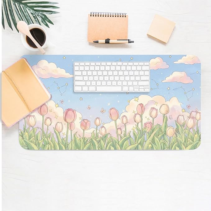 Cute Desk Mat, Kawaii Tulip Large Mouse Pad for Desktop, PU Leather Waterproof Desk Pad, Anti-Slip Computer PC Laptop Protector Gaming Mouse Pads for Office Home Decorations (23.6" x 11.8")
