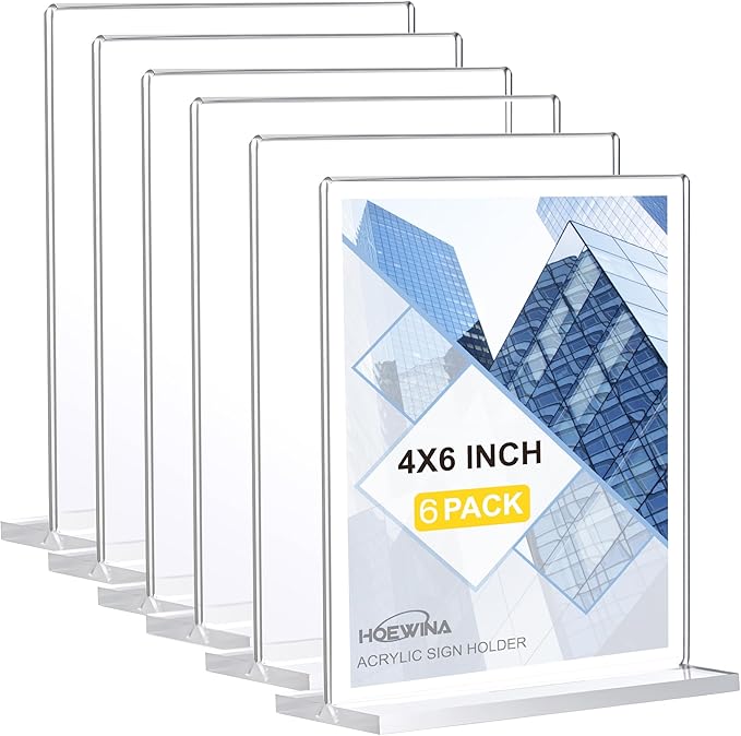 Hoewina Acrylic Sign Stands 4 x 6 Inch 6 Pack - Clear Display Sign Holders, Vertical Double-Sided Acrylic Frame, Flyer Paper Holder for Store, Vendor Booth & Home & Restaurants & Office