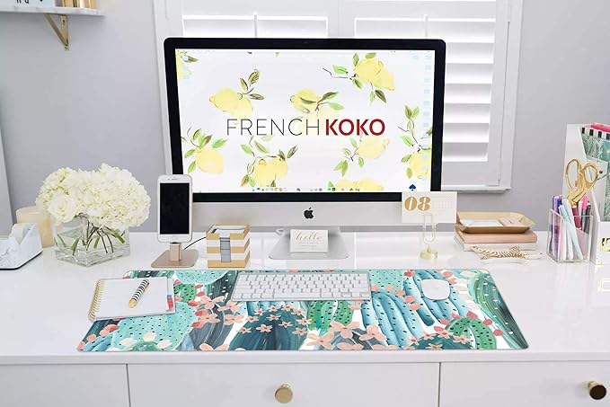 French Koko Large Mouse Pad Long Desk Mat Keyboard Pad Desktop Accessories Home School College Decor Supplies Pretty Extended Mousepad Big Office Essentials Women Girls XL Plant Pink Green Cute Cactus