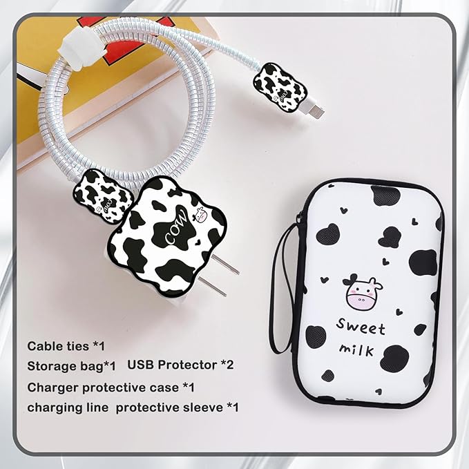 CameCosy DIY Phone Charger Cover Storage Sets Cable USB Earphone Wire Saver Organizer with Travel Storage Bag, Soft Cute Cable Protector Phone Charger Protector Compatible for iPhone(Milk Cow)