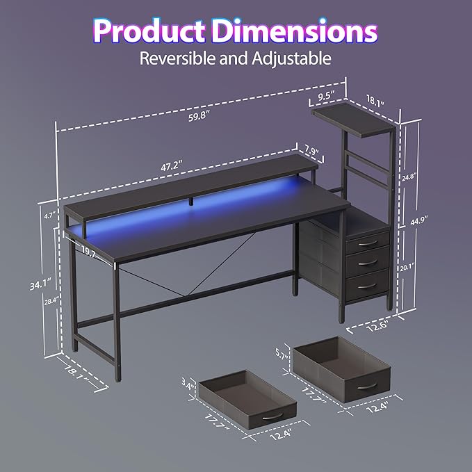 Mericonia 60 inch Gaming Desk with LED Lights & Power Outlets, Reversible Computer Desk with Storage Drawers & Monitor Stand, Large Gaming Table for Home Office