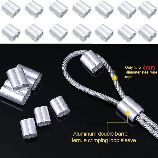Pack of 50 Aluminum Crimping Loop Sleeve Cable Crimp for 1/4 inch Diameter Double Ferrule Wire Rope and Cable (6mm)