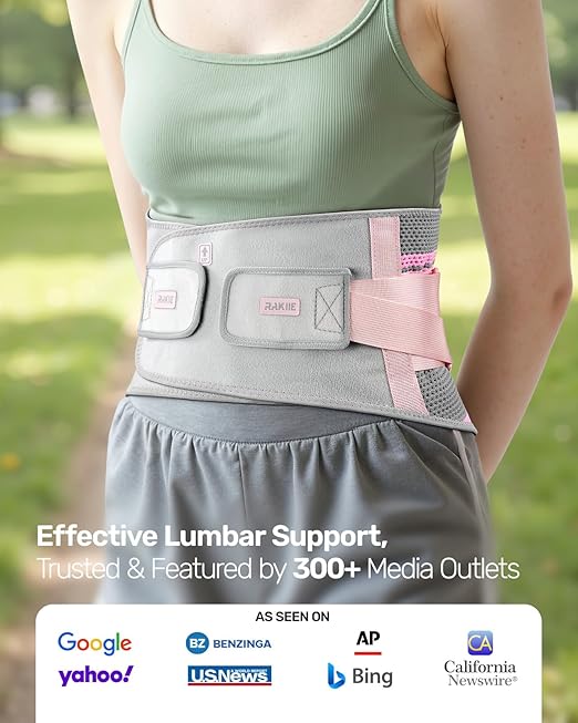 Rakiie Back Brace for Lower Back Pain Women with 9X Support System, Ergonomic Lumbar Support for Pain Relief, Breathable Mesh Design with 3D Silicone Pad for Sciatica, Pink Size XXL (Waist: 43.3" – 52.4")