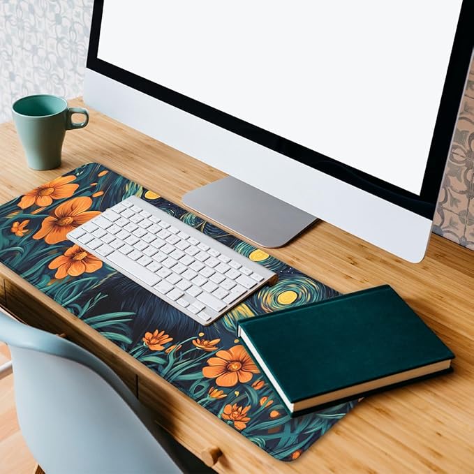 Cat Desk Pad Mouse Pad Mystic Starry Night Floral Modern Art Extended Gaming Mouse Pad Mat with Stitched Edge Non-Slip Base Big Mousepad 31.5"x11.8"