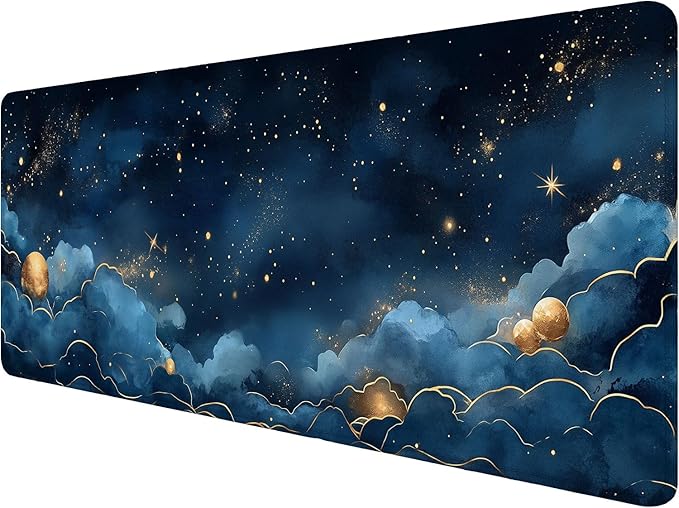 Watercolor Navy Blue Gaming Mouse Pad Celestial Clouds Star Gold Lines Large Gaming Mouse Mat with Stitched Edges,Non-Slip Waterproof Rubber Base Mous Mat 31.5x11.8 Inch