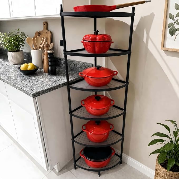 6-Tier Kitchen Corner Shelf Triangular Corner Pot Rack Storage Shelf Multi-tier,Carbon Steel Cookware Stand Home Storage Organizer Holder for Pans Pots and Kettles