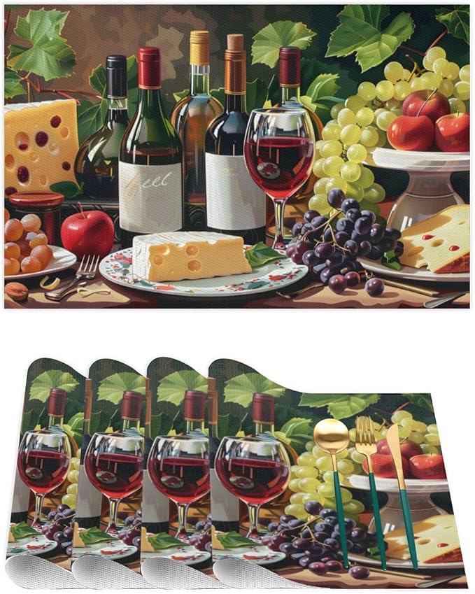 Placemats Set of 4 Heat-Resistant Rectangle Place Mats Grape Red Wine Washable Plastic PVC Dining Table Mat Non-Slip Wipeable Woven Vinyl Placemat for Kitchen Patio Table Decor