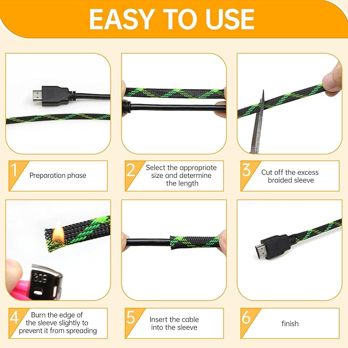 Braided Cable Sleeve, 33ft Expandable Wire Loom for Automotive Wiring Harness & PC Case, Pet-Proof Chew Resistant Cord Protector, Flexible Cable Management (Black-UV Green-UV Yellow, 6mm (1/4"))