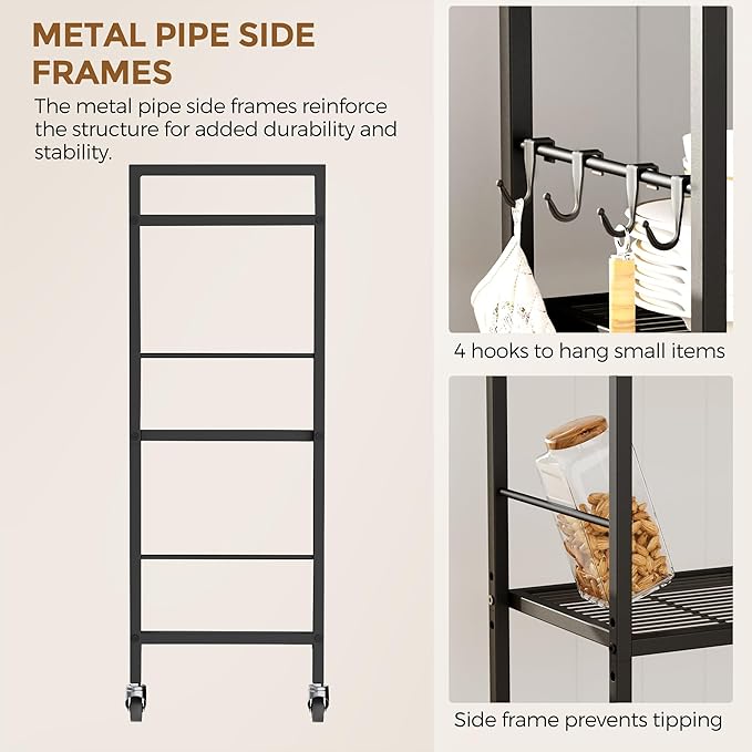 3-Tier Metal Storage Rack with Industrial Wheels,Mesh Shelving Unit with Wooden Table top,Adjustable Shelf,31.5-Inch Width, for Kitchen, Laundry,Pantry,Plant,Black panel and black frame