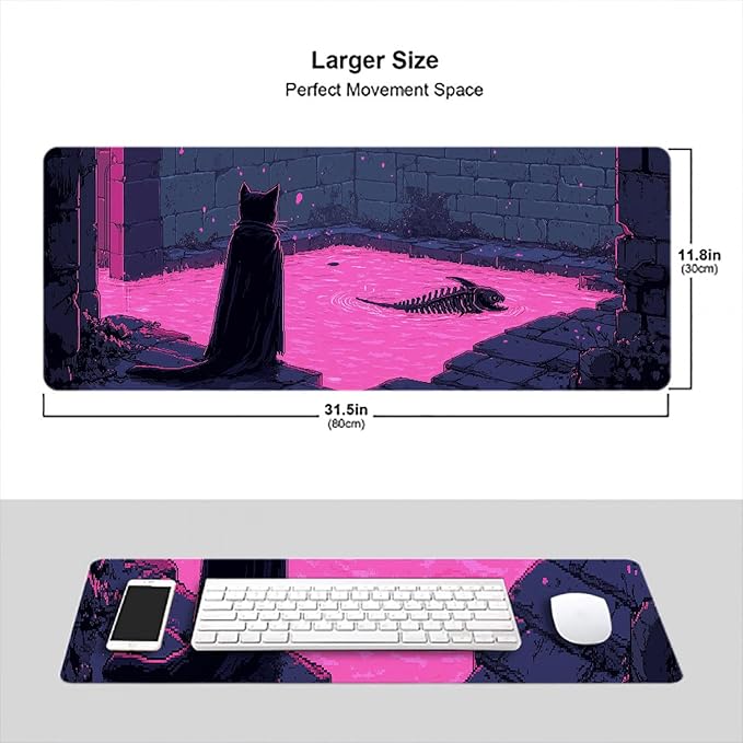 Black Cat Gaming Mouse Pad Purple Magic Castle Dungeon Fishbone Mousepad XL Large Gaming Mouse Pad Laptop Keyboard Mat Desk Pad 31.5"x11.8" Office Home Decor for Women Girl