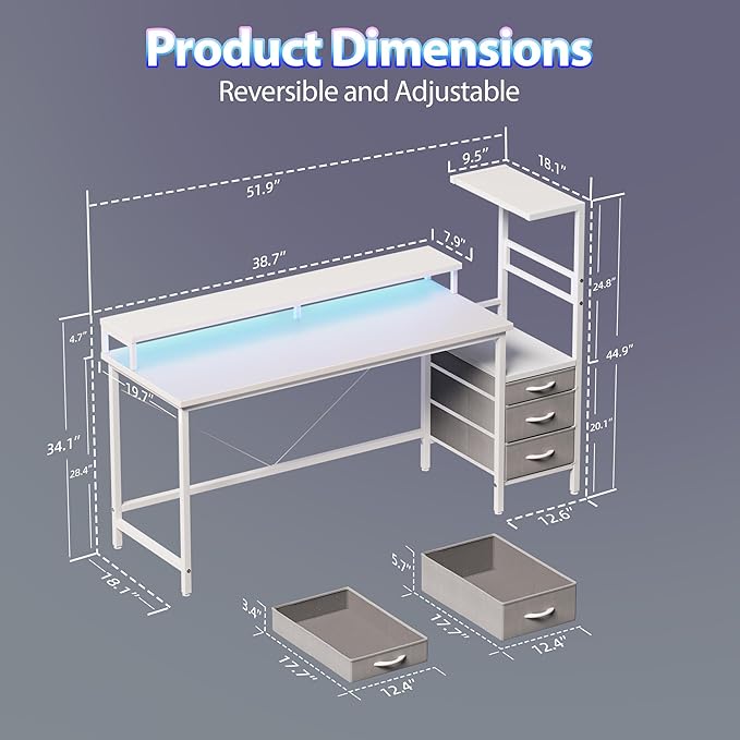 Mericonia 52 inch Gaming Desk with LED Lights & Power Outlets, Reversible Computer Desk with Storage Drawers & Monitor Stand, Large Gaming Table for Home Office