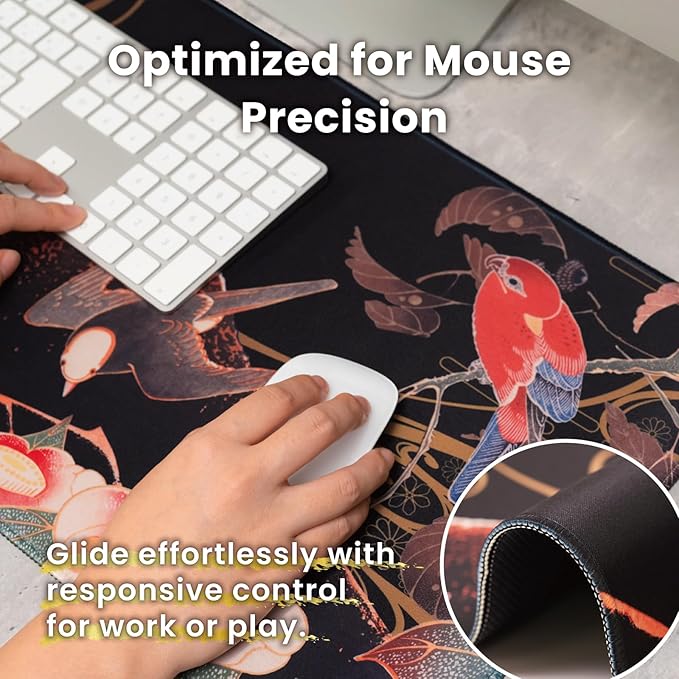 BELLEMOND Japanese Art Desk Mat | Large 31.5x11.8in Anime Mouse Pad for Keyboard & Mouse | Non-Slip Base, Water-Repellent | Original Japanese Design | Crimson Wings Over Fuji
