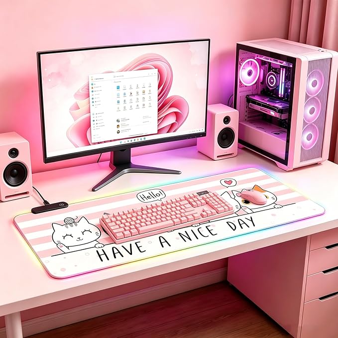 RGB Large Gaming Mouse Pad, Extended Mouse Pad with 12 Lighting Effects, Water Proof Mutispandex Surface, Non-Slip Rubber Base, 80x30 cm / 31.5×11.8 in (Cat)