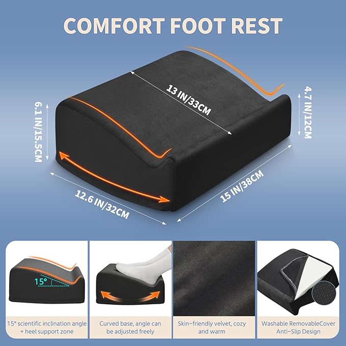 Ergonomic Foot Rest for Under Desk at Work – 15° Tilt Angle Under Desk Footrest with High-Resilience Foam, Velvet Top & Non-Slip Base, Comfortable Foot Stool for Office Chair and Home, Black