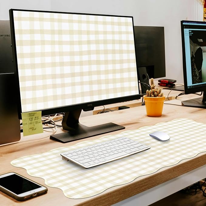 L-SPOUTTO Beige Checkered Mouse Pad,Scalloped Desk Mat XXL Large Geometric Gaming Mousepad,35.4x15.7in Non-Slip Rubber Base Keyboard Pad Waterproof Desktop Mat for Laptop Computer Game Home Office