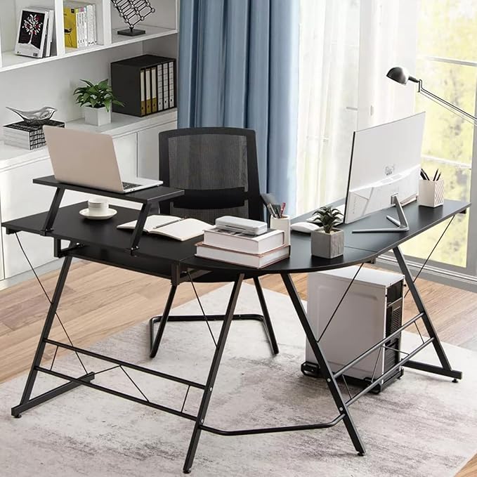 Office Gaming Corner Desk with Keyboard Tray and CPU Stand,Glass L Shaped Computer Home Desk,3-Piece PC Laptop Study Writing Workstation Table by XXFBag - Black