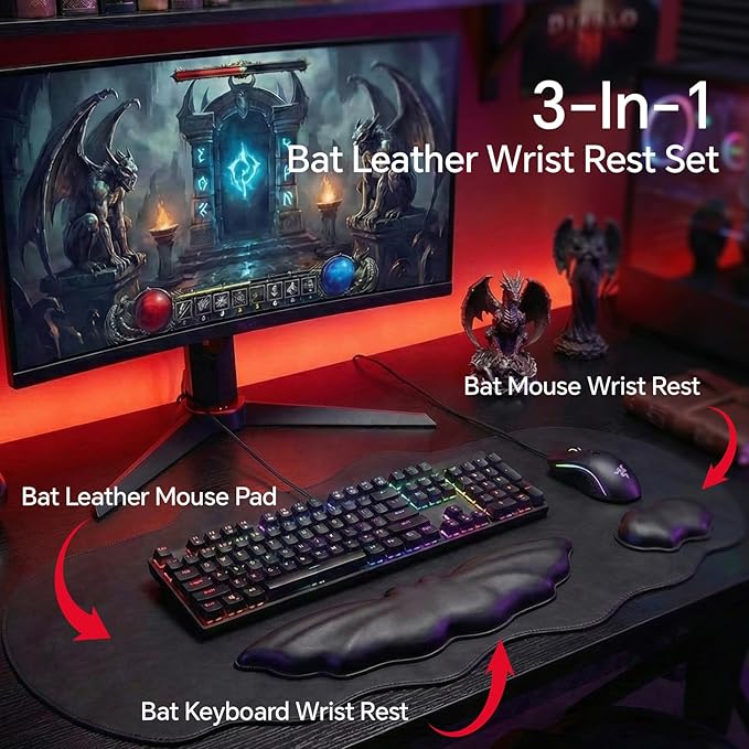Bat Mouse Pad, PU Leather Mousepad, 3 in 1 Keyboard Wrist Rest and Mouse Wrist Rest, Ergonomic Bat Wrist Rest Waterproof Leather Surface, Easy Typing Cushion with Memory Foam for Home Office