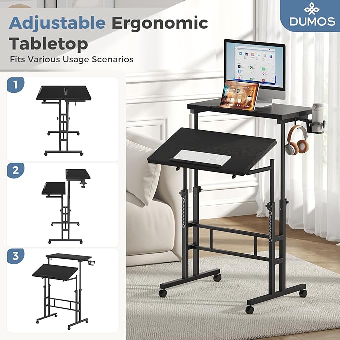 DUMOS Split Top Rolling Standing Desk, 23.6" Mobile Laptop Desk, Manual Height Adjustable Workstation on Wheels, Sit Stand Office Table, Walking Pad Study Desk, Black