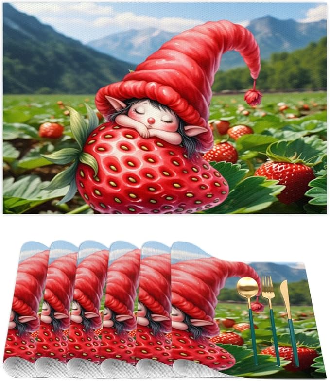 Placemats Set of 4 Heat-Resistant Rectangle Place Mats Strawberry Elf Washable Plastic PVC Dining Table Mat Non-Slip Wipeable Woven Vinyl Placemat for Kitchen Patio Table Decor