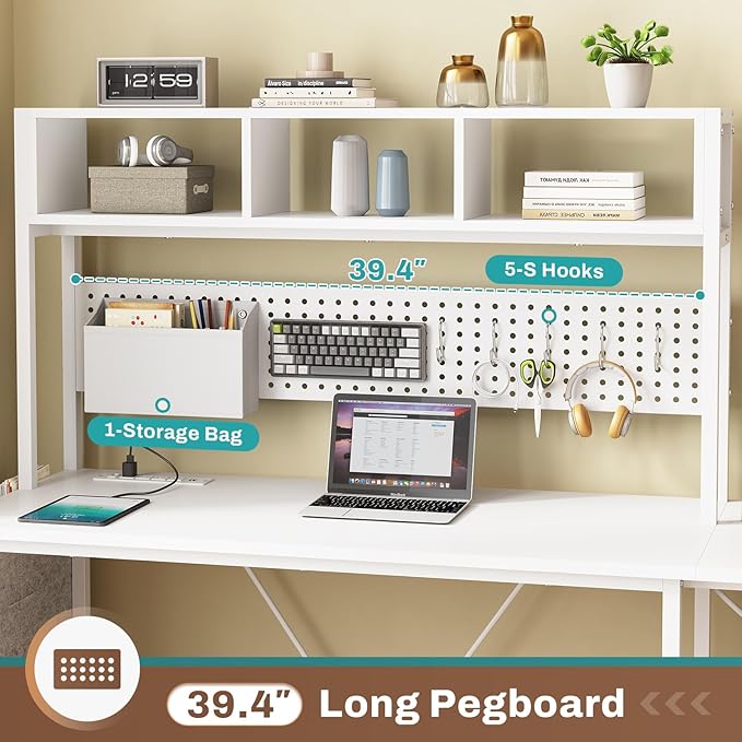SEDETA White L Shaped Office Desk, 57.5” Corner Computer Desk with Power Outlet Pegboard and Keyboard Tray, Gaming Table with LED Lights, Hutch and Storage Shelves for Home Office