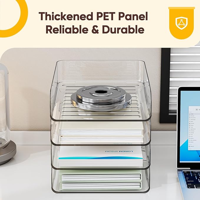 HIYOHIYO 4-Tier Clear A4 Paper Organizer for Office Desk, Stackable Desktop Letter Papers Tray, Acrylic Desk Paper Holder, Large Capacity File Folder Organizer, Vertical Style