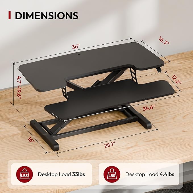 SANODESK 36" Standing Desk Converter, Adjustable Sit Stand Desk Riser with Effortless Lifting for Home Office, Standing Desk Topper for Dual Monitors, Computer Lift with Keyboard Tray, Black