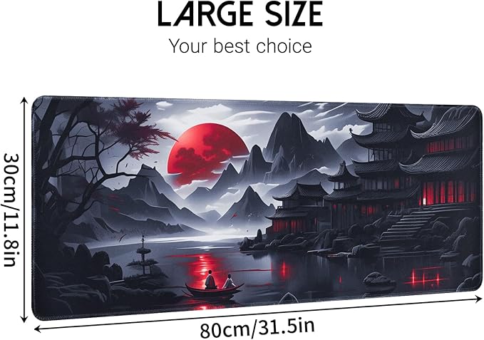 FreeNook Large Gaming Mouse Pad, Anime Black Mousepad with Stitched Edges, Expanded Cool Desk Mat, Japanese Red Moon XL Keyboard Mat Suitable for Home Office,31.5 X 11.8 Inch
