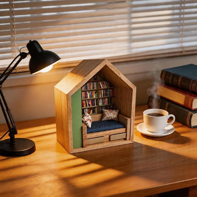 Anxiety Bookshelf with 300 Mini Books, Mini Wooden Bookshelf with Reading Nook, Desk Decor Anxiety Relief Bookshelf for Book Lovers(Green)