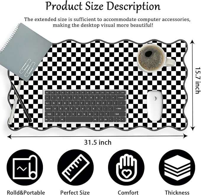 Scalloped Desk Mat Black and White Extended Large Mouse Pad Cute Desk Pad XXL Aesthetic Plaid Mousepad Checkered Gaming Mouse Pad for Keyboard Computer Laptop Office Accessories Girl 31.5X15.7Inch