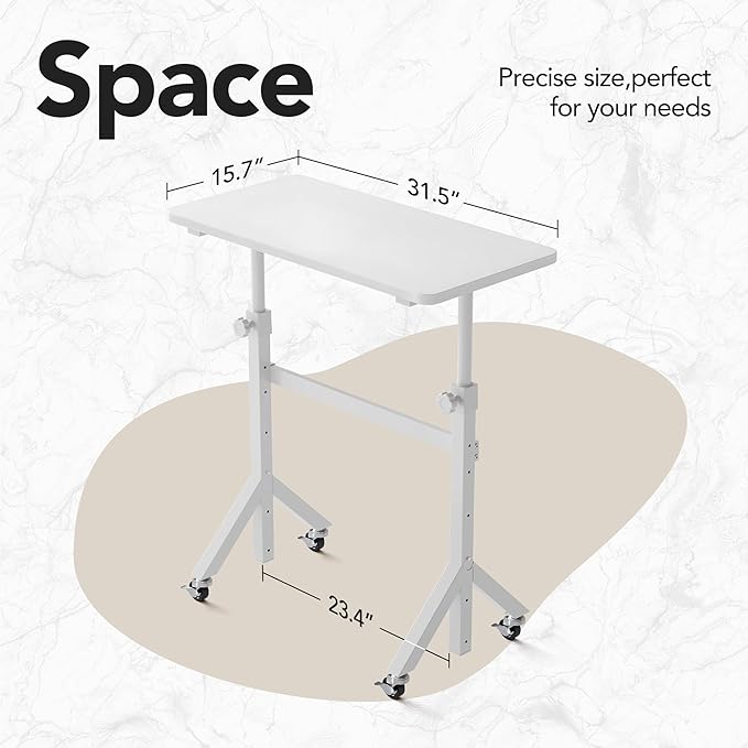 HHUANUO 32'' Small Standing Desk Adjustable Heigh, Mobile Stand Up Desk with Wheels, Portable Rolling Desks for Walking Pad and Treadmill, Computer Laptop Desks for Home Office Space,White