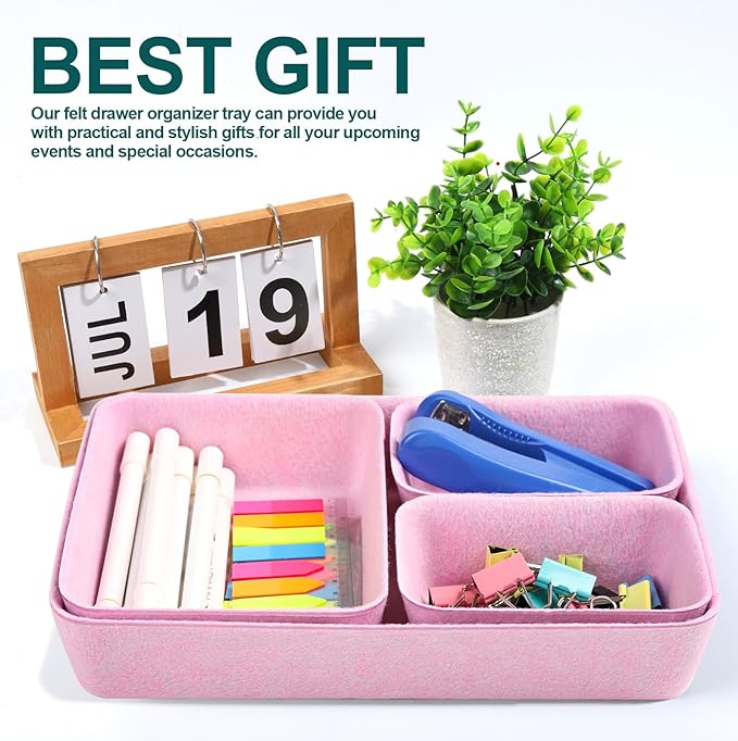 Desk Drawer Organizer,7 Pack Felt Drawer Organizer Shallow Drawer Organizers Felt Storage Bins,Desk organizer trays (Pink)