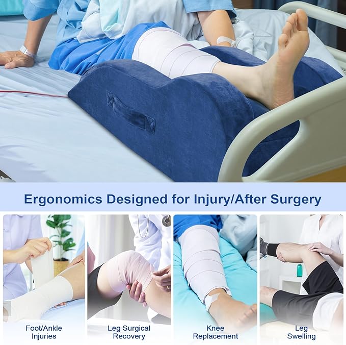 KingPavonini Adjustable Leg Elevation Pillows for After Surgery, Ergonomic Curve Keeps Knee Straight, Memory Foam Leg Pillow Elevation for Blood Circulation, Swelling and Pain Relief (Blue)