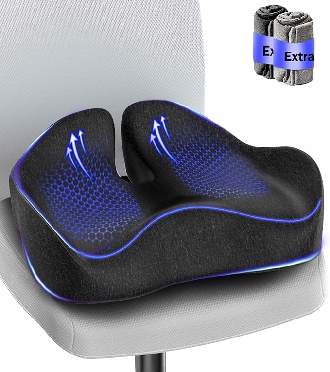 Seat Cushion, Memory Foam Pressure Relief Coccyx Cushion for Tailbone Pain, Extra-Large Butt Pad for Office Chair, Car Seat, and Gaming Chair Pain Relief, Extra Cover