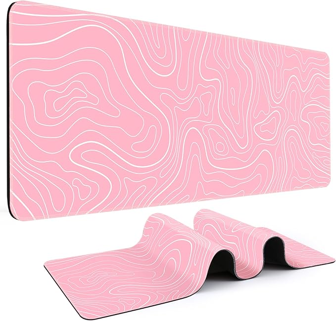 DIGSOM Gaming Mouse Pad 31.5 x 11.8in Large Mouse Pad with Anti-Slip Rubber Base（Pink with White Topographic Line）
