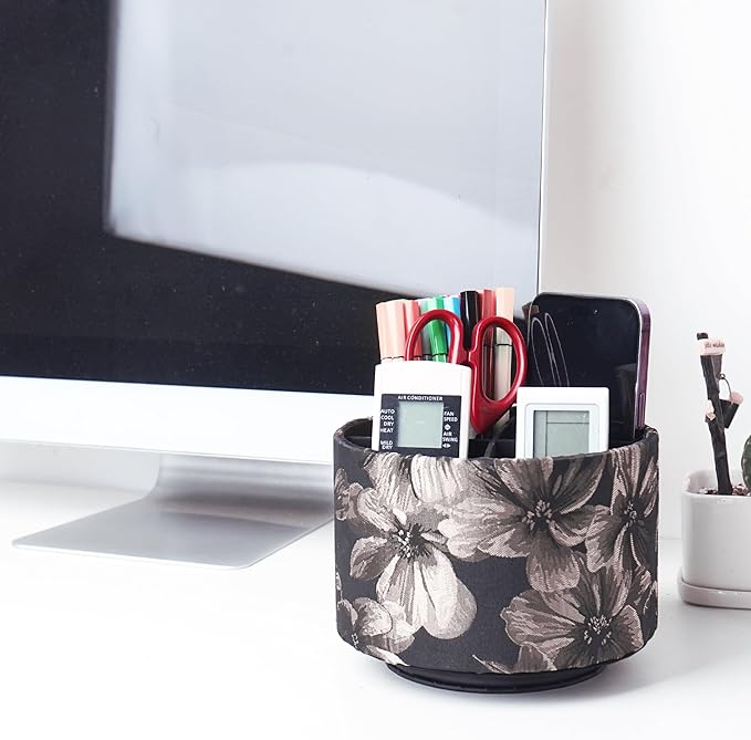 Round Leather Art Supply Organizer,Remote Control Holder,360 Degree Rotating,Multi-Functional Pencil Holder,4 Compartments Desktop Stationary Organizer(1-Dahlia Light Brown)