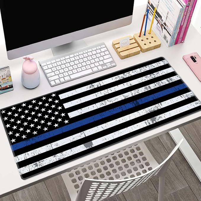 Gaming Mouse Pad, Large Mouse Pads for Desk, Non-Slip Rubber Base Mousepad, Keyboard Mouse Mat Desk Pad with Stitched Edges, 31.5x11.8 inch Retro Thin Blue Line Flag