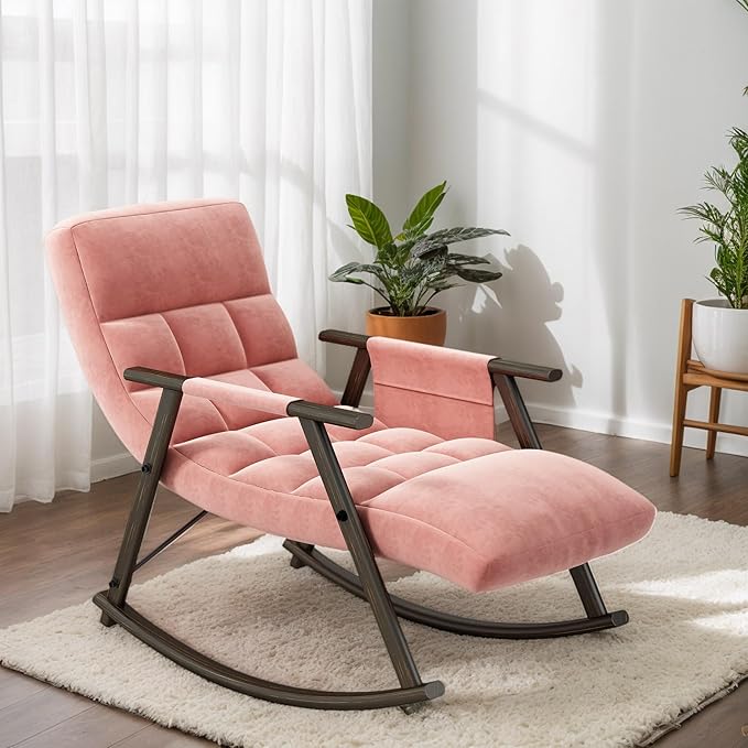 Folding Rocking Chair Nursery with Armrests, Upholstered Lounge Chair Indoor with Side Pocket, Adjustable High Back & Footrest, Glider Rocking Chair for Living Room, Bedroom, Balcony (Velvet, Pink)