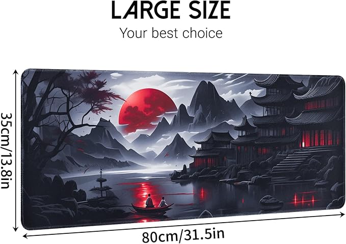 FreeNook Large Gaming Mouse Pad, Anime Black Mousepad with Stitched Edges, Expanded Cool Desk Mat, Japanese Red Moon XL Keyboard Mat Suitable for Home Office,31.5 X 13.8 Inch