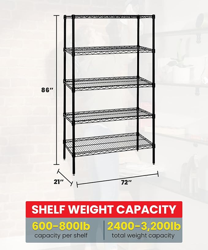 Quantum Storage Systems WR86-2172BK-5 Wire Shelving Starter Kit, 72" W x 21" D x 86" H, 600 lbs Capacity, Carbon Steel, Epoxy Coated, Black, NSF