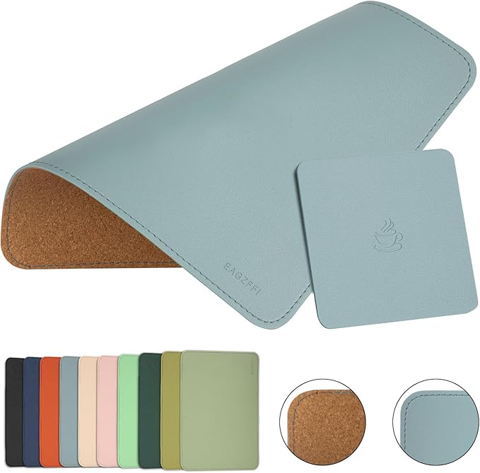 Double-Sided PU Leather & Cork Mouse Pad with Coaster – Reversible, Non-Slip, Stitched Edges for Office & Home, 8x11 Inches, (Sierra Blue)