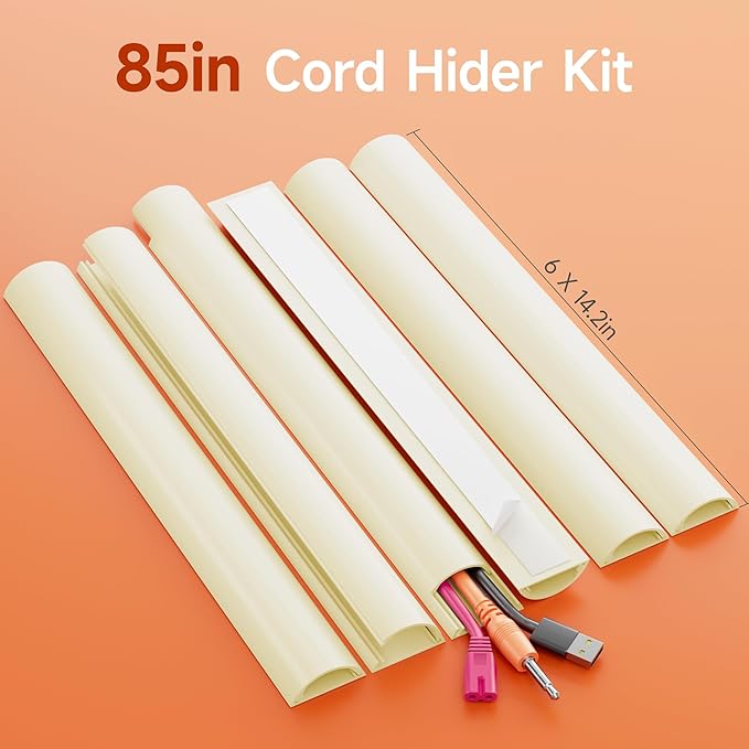 Delamu 85in Adhesive Cord Hider Wall, Mounted TV Cord Cover Kit, Multiple Cable Raceways for Wall Corner, Wire Cover Hiders for 2-3 Cables, 1.57" W X 0.59" H, Beige