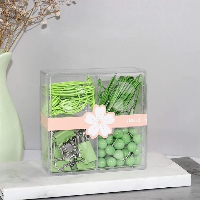 Green Desk Accessories Kit - Cute Leaf & Heart Paper Clips, Binder Clips, Push Pins in Square Organizer Box - Aesthetic Office Supplies, Teacher Desk Must Haves for Women, Work Space Decor (Green)