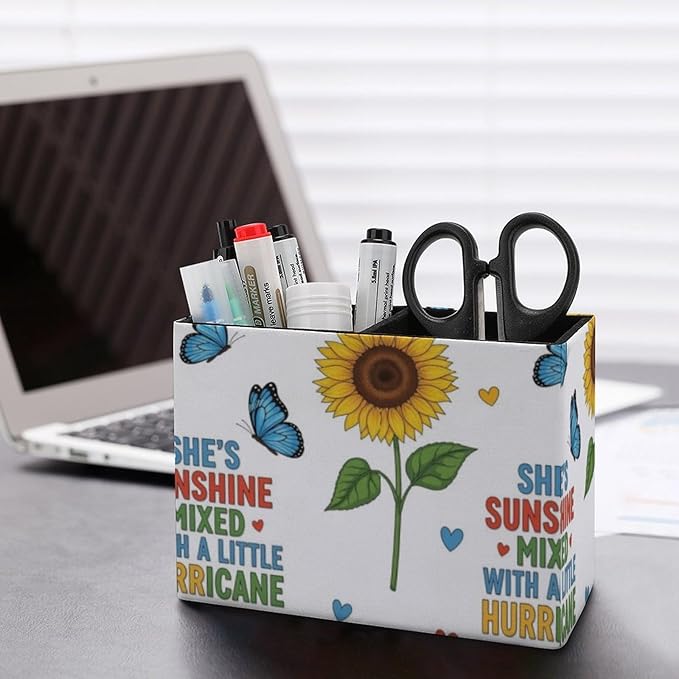 PU Leather Makeup Brush Holder Beautiful Sunflowers, Organize Your Desk in Style