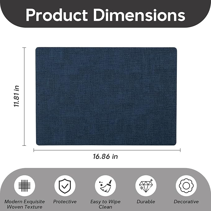 Vinyl Placemats Set of 4 - Faux Leather 100% Waterproof Oil-Proof Wipeable PU Place Mats, Heat Resistant Reversible Table Mats for Kitchen, Dining, Outdoor (Navy Blue)