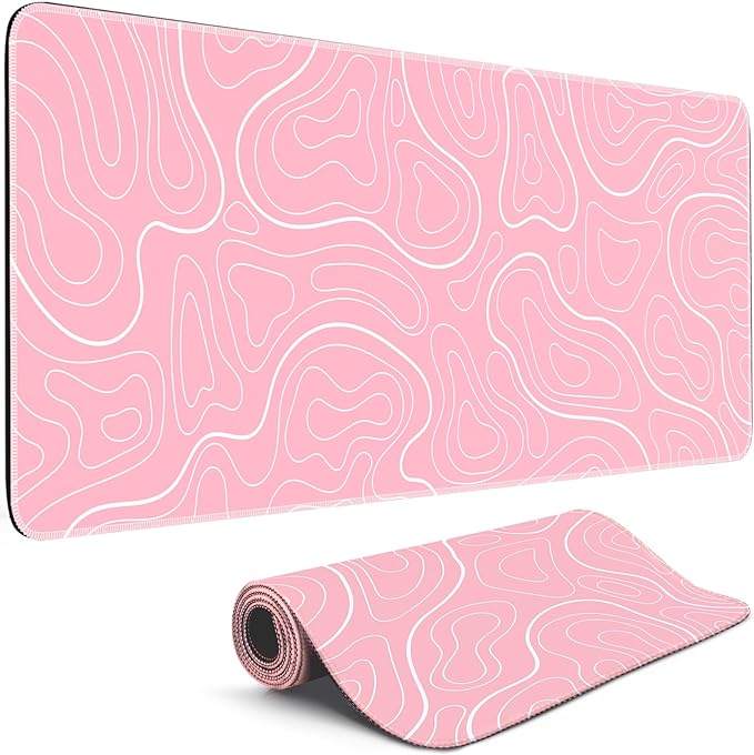 Gaming Mouse Pad Big Mousepad with Non-Slip Rubber Base, 31.5 x 11.8 in XL Large Desk Mat for Gaming Home Office, Long Keyboard Pad Mouse Mat for Computer with Stitched Edges, Pink Topographic