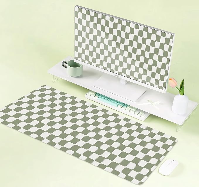 Retro Checkerboard Grid Pattern Extended Mouse Pad, Beige Sage Green Wavy Checkered Desk Mat, Non-Slip Large Gaming Mousepad for Computer Laptop Decor, 31.5x11.8 inch